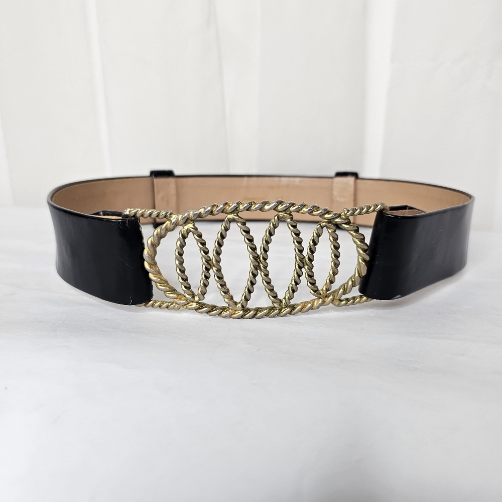 Vintage Imperial Belt Corporation Black Ornate Gold Roped Metal Buckle Belt